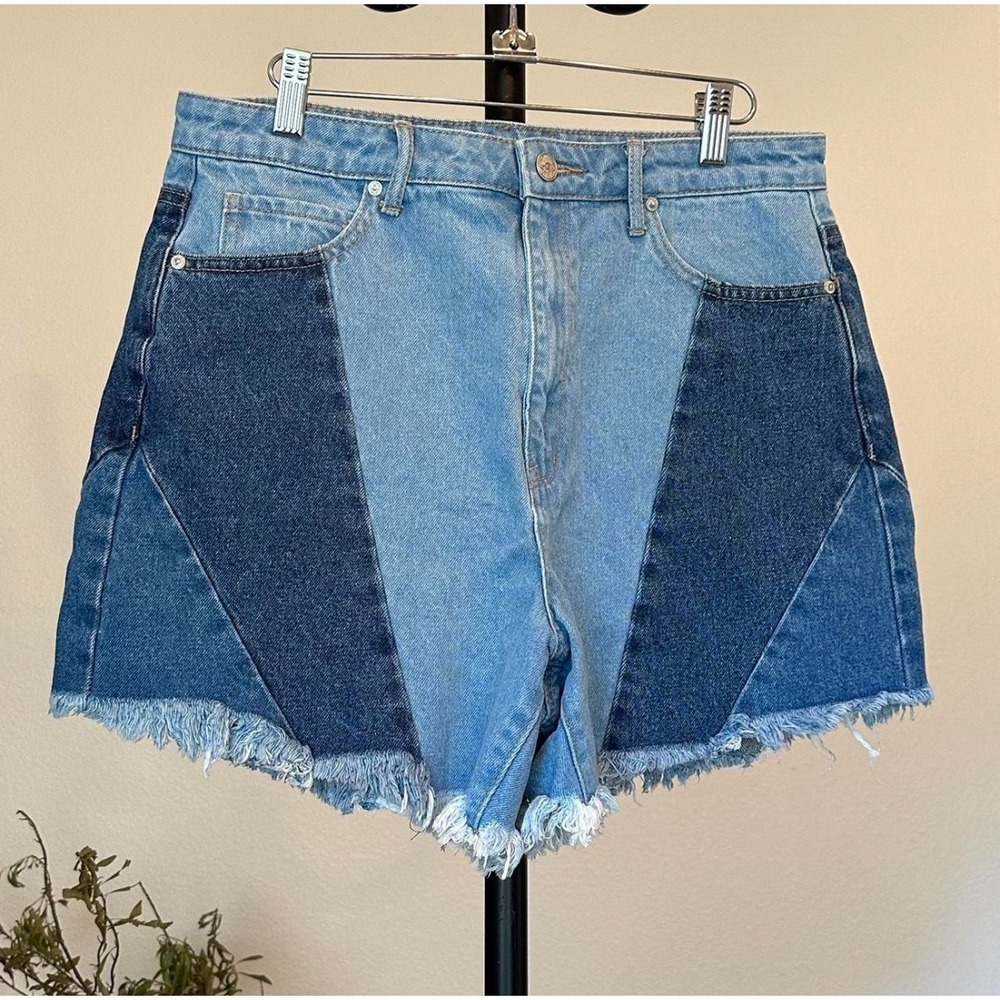 Colorblock Patchwork High Rise Beachy Denim Shorts Western Womens 8 Blue